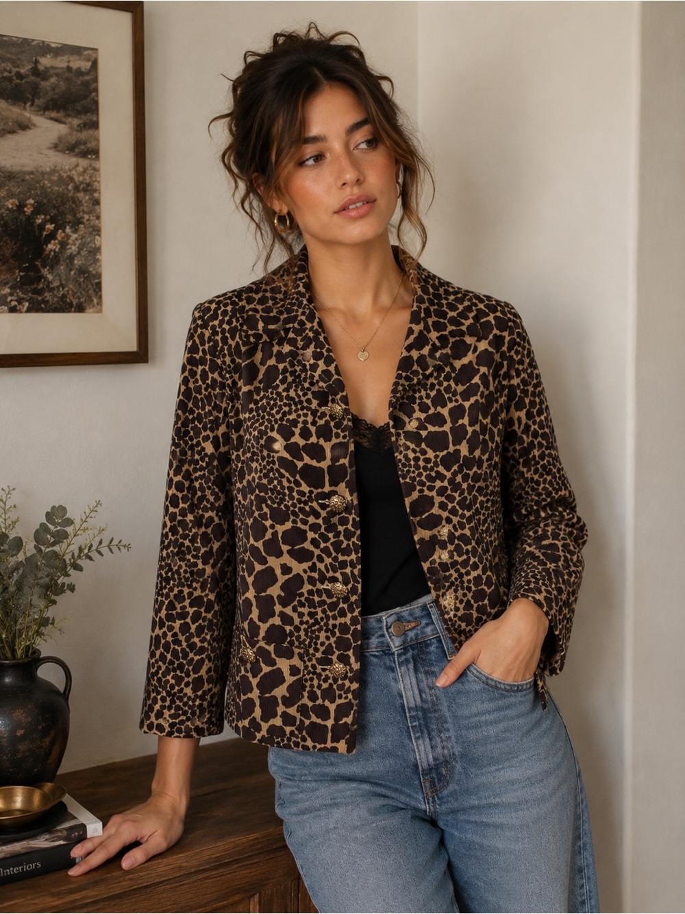 Susan Graver Style Tan & Brown Leopard Print Corduroy Blazer Size Small